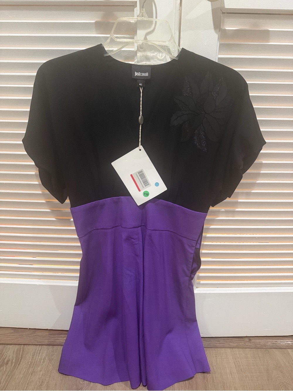 Just Cavalli Black and Purple Fitted Short-Sleeve Mini Dress